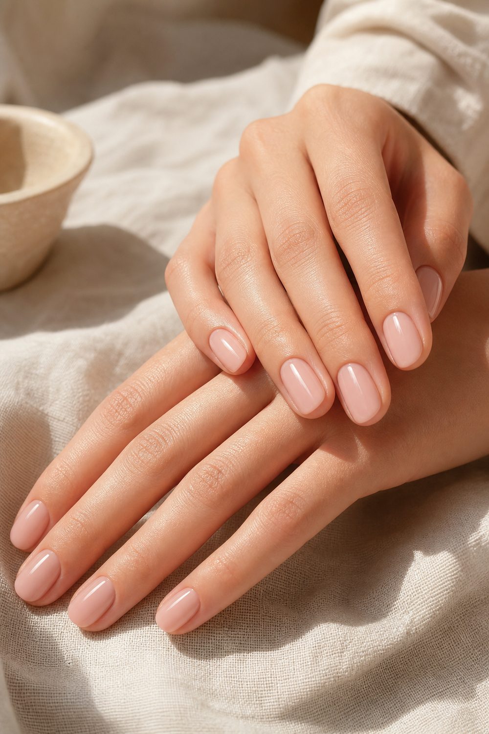 Freshly manicured hands with a soft nude-pink finish